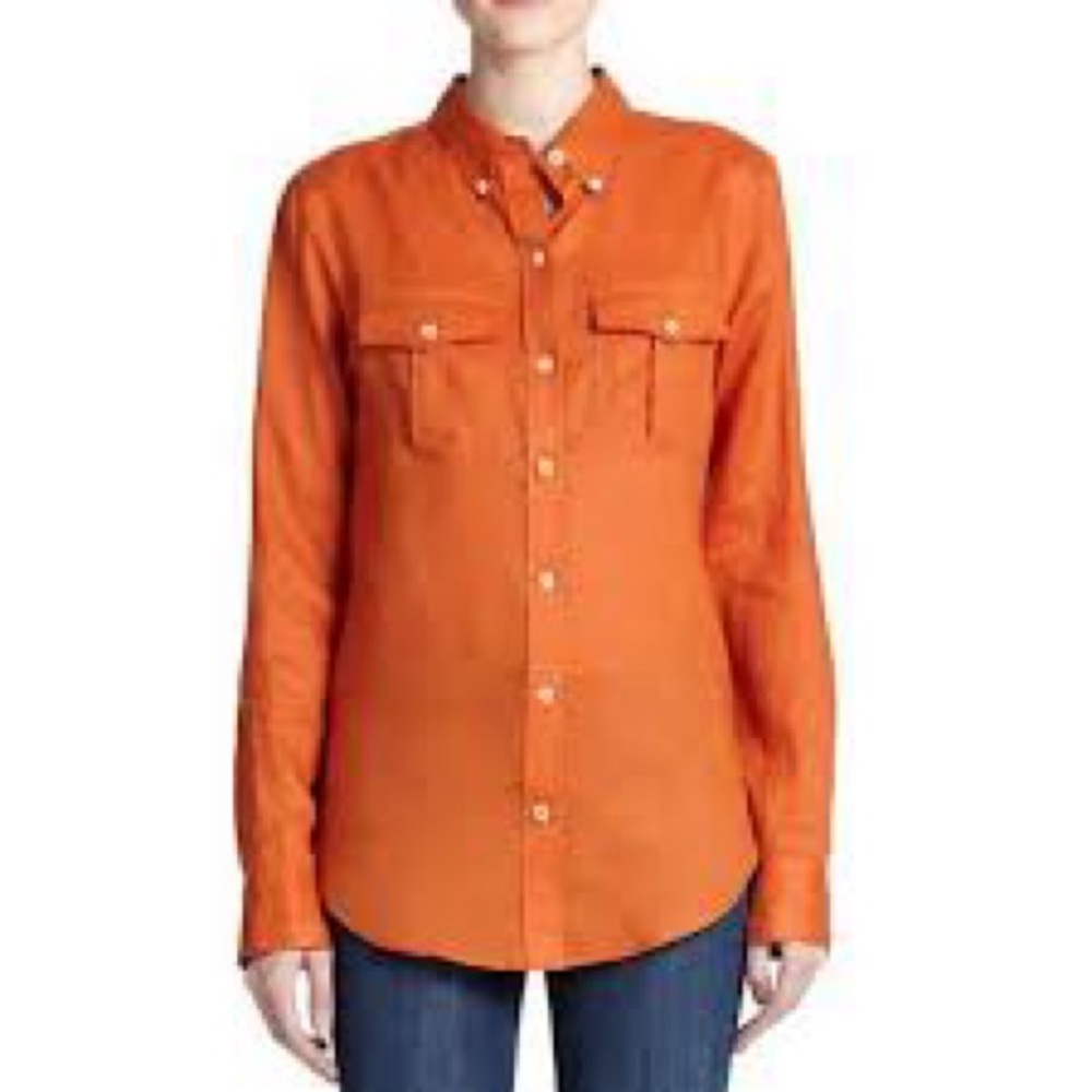 Theory Simaya Sunny Ramie Shirt Cardamom Orange Utility Blouse Petite Small